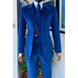 Men's Suits Blue Velvet Elegant Blazer Single Breasted Regular Length Notch Lapel 3 Piece Jacket Pants Vest Slim Fit Wedding Set
