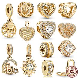 Gold Plated Sparkling Leveled Hearts Square Halo Family Tree Dangle Charm Jewelry Beads Fit Original Sier Bracelet