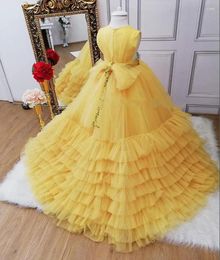 Girl Dresses Luxury Girl's Party Prom Gown Yellow Layers Tulle Princess Flower Dress Pageant Christmas First Communion 1-16T