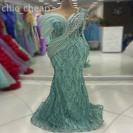 2024 Aso Ebi Mint Mermaid Prom Dress Crystals Sequined Lace Sexy Evening Formal Party Second Reception Birthday Engagement Gowns Dresses Robe De Soiree ZJ437