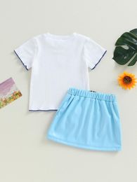 Clothing Sets Toddler Kids Girls Summer 2Pcs Outfits Ribbed Shorts Sleeve Butterfly Print Tee Top PU Leather Zipper Skirt Set (Light Blue