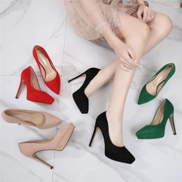 Dress Shoes Maogu Summer Platform Heel Pumps Lady Pointed Toe Green Flock Plus Size 46 Prom Women's Slip-on 2024 Women 12cm High Heels