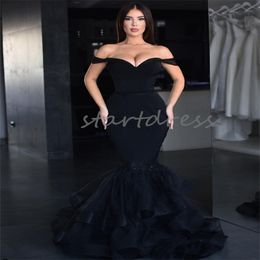 Off Shoulders Plus Size Black Prom Dress 2024 Vintage Mermaid Trumpet Evening Gowns Tiered Tight Formal Occasion Dress Elegant Birthday Robe De Soriee Vestio Gala