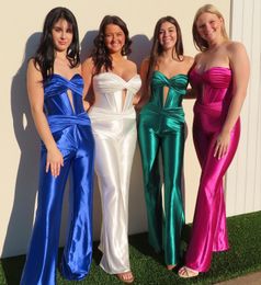 Strapless Corset Prom Jumpsuit Fuchsia Formal Party Rompers Twist-Ruched Keyhole Bodice Floor Length Lady Girl Pageant Wear Dress Straight-Leg Black Ivory Emerald