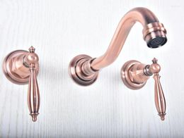 Bathroom Sink Faucets Antique Red Copper Brass Wall Mounted Dual Handles Widespread 3 Holes Basin Tub Faucet Mixer Water Taps Msf502