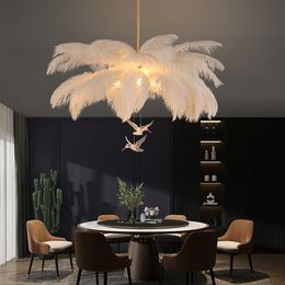 Nordic White Ostrich Feather Pendant Light Modern Led Ceiling Chandelier for Living Dining Room Children's Bedroom Hanghing Lamp
