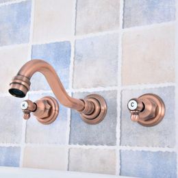 Bathroom Sink Faucets Antique Red Copper Brass Widespread Wall-Mounted Tub 3 Holes Dual Handles Faucet Mixer Tap Asf522