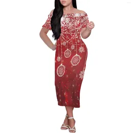 Party Dresses Red Elegant Balloon And Snowflake Dress Polynesian Christmas Elements Print Short Sleeved Off The Shoulder Sexy