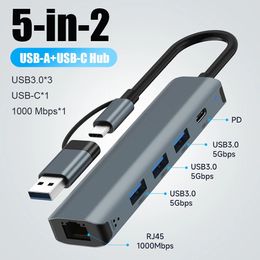 5 in 2 USB C HUB Multiport Adapter Type C USB3.0 Data Transfer Gigabit Ethernet 1000Mbps RJ45 Docking Station for Mac