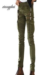 Army Green Black Mens Denim Biker Cargo Jeans Brand Men Stretch Skinny Moto Pencil pants Runway Distressed Motorcycle Jeans6605413
