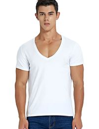 Deep V Neck T Shirt for Men Low Cut Scoop Top Tees Drop Tail Short Sleeve Male Cotton Casual Style 240228