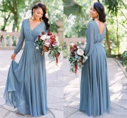 Dusty Blue Country Bridesmaid Dresses with Long Sleeve Retro Chiffon Full Length Bohemian Wedding Guest Party Dress
