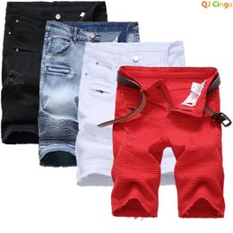 Summer Mens Jeans Shorts Pleats and Holes Decorated Shorts Men Blue White Black Blue Red Denim Shorts 240227