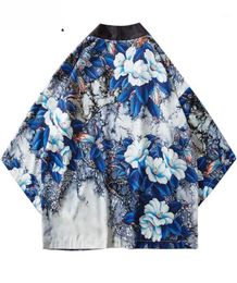 Men039s Jackets Harajuku Floral Kimono Jacket Japanese Hip Hop Men Streetwear Blue Leaves Flower Print 2022 Summer Thin Gown Ja2026107
