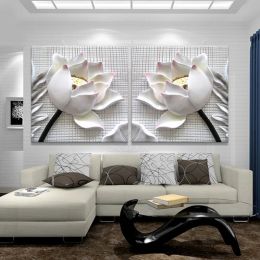 Calligraphy 2PCS Modern 3D White Lotus Flowers HD Print Canvas Wall Art Pictures For Living Room The Paintings Abstract Modular Oil Painting