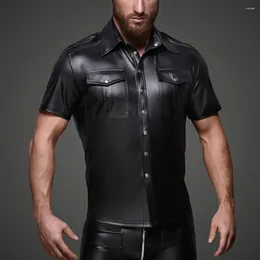 Men's T Shirts Mens Shiny Leather T-shirt Plus Size Short Sleeve Glossy PVC Tops Male Turn-down Collar Shaping Latex Casual Coat Sexi