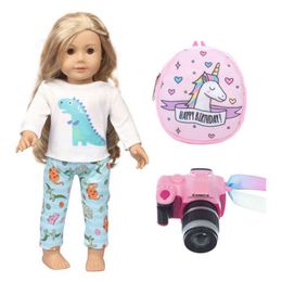 18 inch doll dinosaur pattern top and pants pink unicorn pattern backpack pink camera accessories for American girls doll set for children's toys