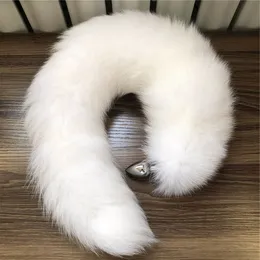 50cm/20" Long Real White Fox Fur Tail Plug Stainless Steel Adult Sexual Anal Butt Cosplay Toy