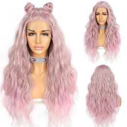 SAPPHIREWIGS Synthetic Lace Front Body Wave Heat Fibre 24 Inch Purple Colour with Pink Tips Long Wavy Wigs for Women Half Hand Tied Wig Cosplay Daily Use Hair