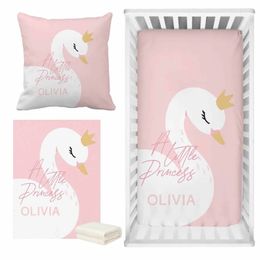 LVYZIHO Pink Cute Swan Crib Sheet Set Custom Name Baby Girl Crib Bedding Set Baby Shower Gift Bedding Set 240318
