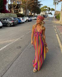 STYLISH LADY Rainbow Striped Printed Dress 2024 Summer Women Spaghetti Strap V Neck Backless Split Beach Long Maxi Dresses