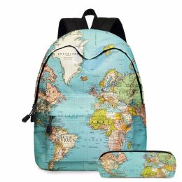 Backpack 2pcs World Map Printing Backpack Girls Bookbag Laptop Bag Travel Daypack Student Rucksack with Pencil Case