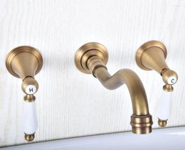 Bathroom Sink Faucets Antique Brass Wall Mounted Dual Handles Widespread 3 Holes Basin Tub Faucet Mixer Water Taps Msf516