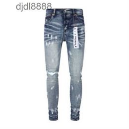Men's designer pants amiras new high street trendy brand red pleated patch with holes in blue jeans mens elastic leggings