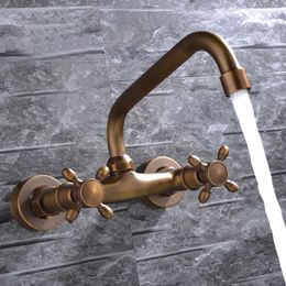Bathroom Sink Faucets Antique Brass Basin Mixer Tap Spout Dual Handles Wall Mounted Vessel Cold Tub Faucet