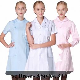 white Women Dr Nurse Working Uniform Workwear Healthcare Gown Polyester Cott Solid Color Lg Scrub Dres I7cS#