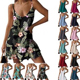 Summer Womens Loose Casual Printed V Neck Strap Cami Beach Dress