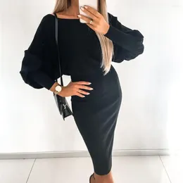 Casual Dresses Practical Lady Dress Slash-neck Slim Fit Pencil Shape Autumn Women Midi Knitted Fine Stitch