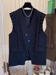 Women's Jackets Spring And Autumn Style Wood Ear Edge Spliced Suit Vest Coat Loose Casual Mid Length Sleeveless Top