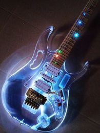Transparent Clear Crstal Vitreous Limpid Pellucid Acrylic Body Electric Guitar with Colourful Led Light Maple Neck 6-string 10+ Colours Lucent Customise Factory
