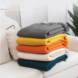 Blankets Nordic Solid Colour Wool Blanket Woven Pattern El Bed Tail Towel Sofa Knitted Nap Cover Travel Shawl