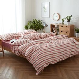 Bedding Sets 3/4pcs Stone Washed Cotton With Fitted Sheet 120cm 150cm 180cm Pink And White Striped Duvet Quilt Covers