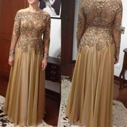 Dresses New lace styles Gold A Line Lace Bead Mother of the Bride Dresses Plus Size Chiffon long sleeve Prom Dresses Formal Evening Dresse