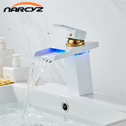 Bathroom Sink Faucets Basin LED Light Waterfall Tap For Torneira White Finish Deck Mounted Mixer A1018