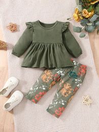 Clothing Sets Spring And Autumn Two-piece Baby Girls Casual Army Green Flying Sleeve Long Dress Floral Print Trouser Suit