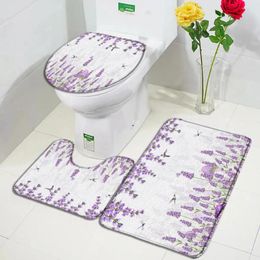 Bath Mats Purple Lavender Mat Set Plant Hummingbird Dragonfly Mushroom Watercolour Floral Carpet Home Bathroom Decor Rug Toilet Cover
