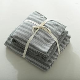 Bedding Sets 4pcs Cotton Elegant Gray Striped Duvet Cover Set Super Soft Jersey Knitted With Grey Fitted Sheet Rubber Around