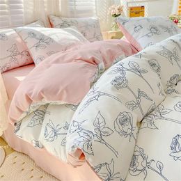 Bedding Sets Four-Piece Bed Set Pillowcase Washed Cotton Elegant Flower Duvet Cover Sheet For Adults And Kids Microfiber Home Textiles