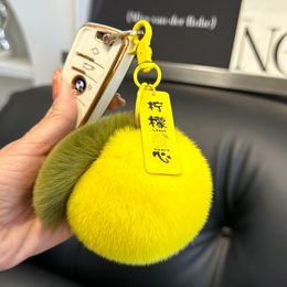 Cute Real Rabbit Fur Lemon Keychain Kids Toy Doll PomPom Fur Ball Car HandBag Keychain Gift