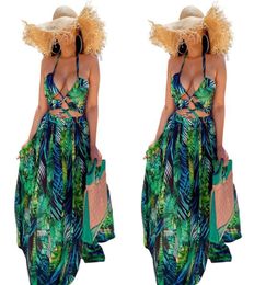 Green Leaves Printing Women Holidays Dresses Sexy Halter Neck Backless Hollow Out A line Party Gowns Real Image Summer Beach Dress6449130