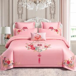 Bedding Sets Pink Red Luxury Chinese Wedding Embroidery 4Pcs Set 800TC Egyptian Cotton Zippered Duvet Cover Bed Sheet Pillowcases