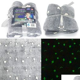 Blankets Swaddling Magic Glow In The Dark Fleece Blanket Throw Grey Stars / Moon New P Furry Warm Nursery Bedding Ddling Drop Delivery Othwz