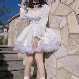 Casual Dresses HOUZHOU White Lolita Dress Kawaii Vinatge Long Sleeve Mini Black Gothic Bandage Lace Patchwork Streetwear Square Collar