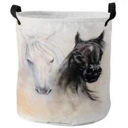 Laundry Bags Black White Horse Watercolour Painting Dirty Basket Foldable Home Organiser Clothing Kids Toy Storage