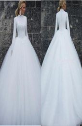 High Neck Muslim Wedding Dresses White Ivory Long Sleeves Floor Length Cheap Bridal Gowns Custom Size Wedding Dresses Bridal Gowns2457310