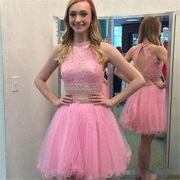 Cute Pink Homecoming Dresses Two Piece Lace Beaded Crystal Jewel Neck Beaded Collar Juniors Graduation Cocktail Party Prom Gown